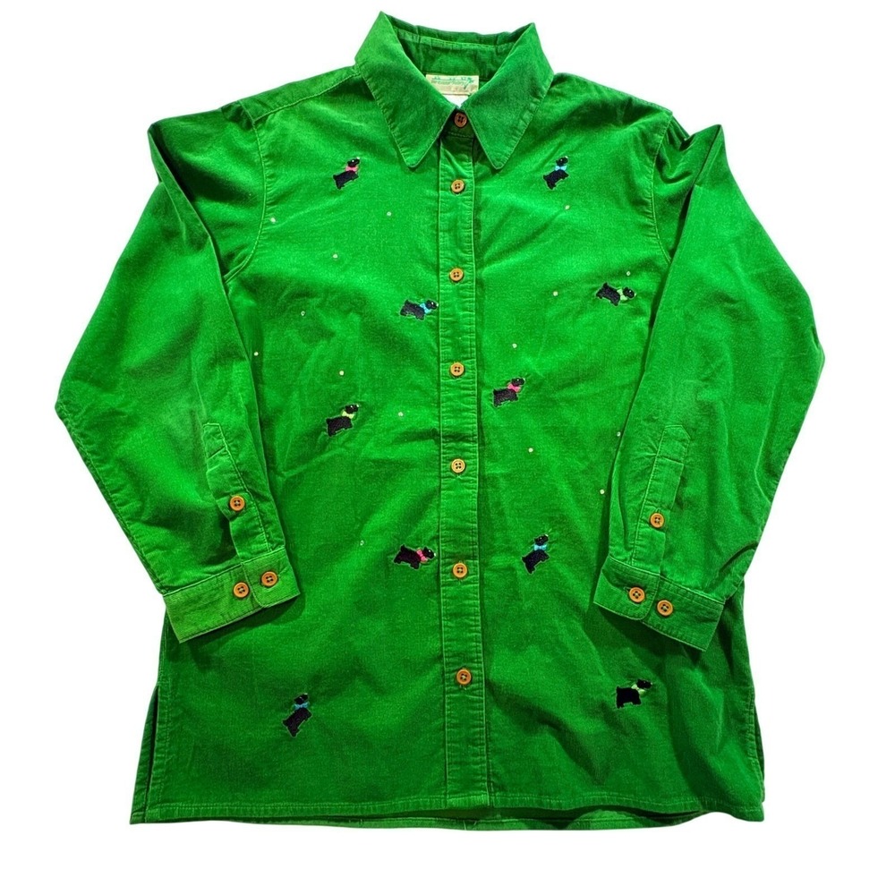 Quacker Factory Corduroy Shirt Womens XS Green Embroidered Scottie Dog Button Up
